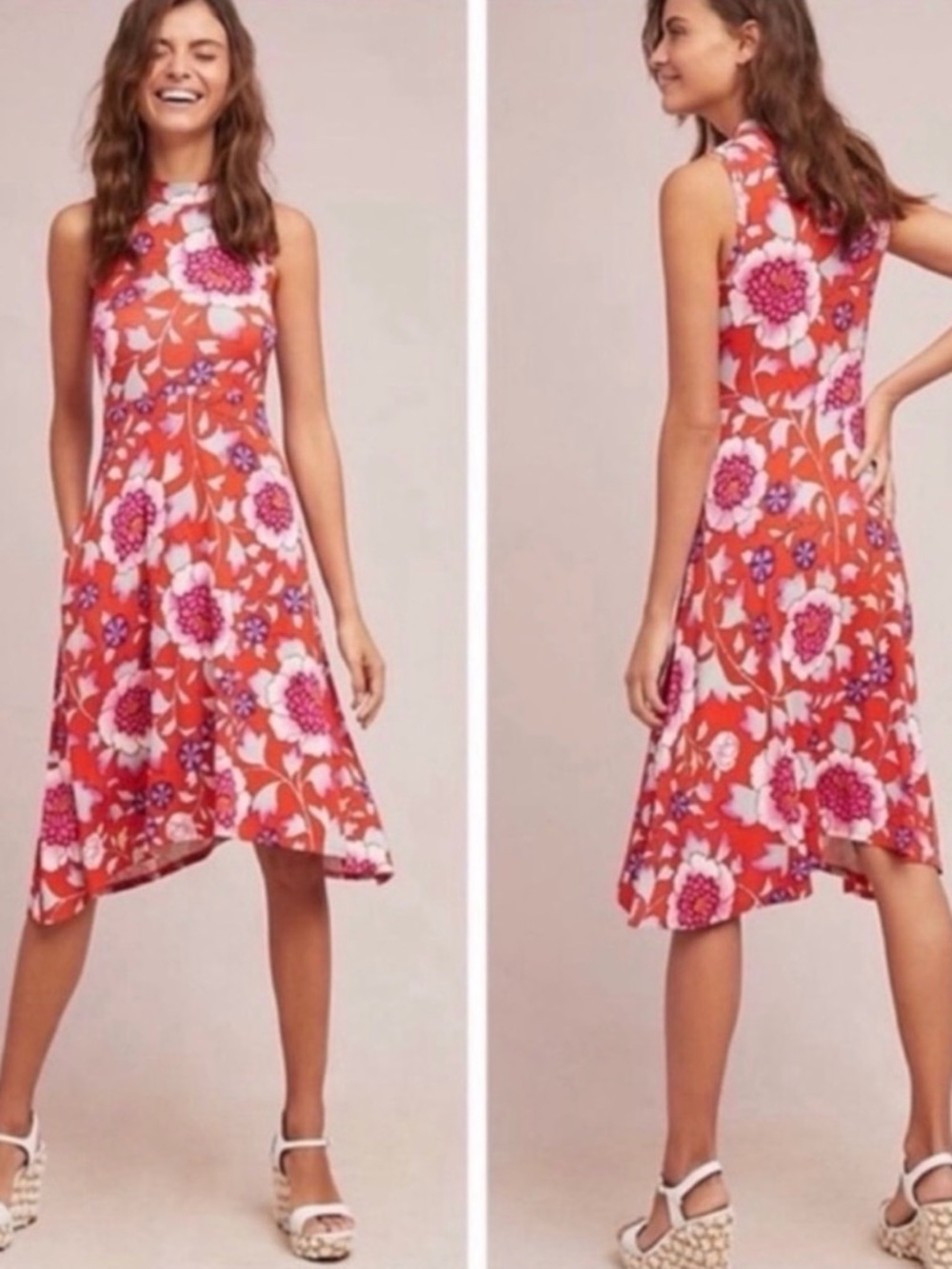 Anthropologie Maeve clearly mock neck  Red Floral High-Low Midi Dress large
